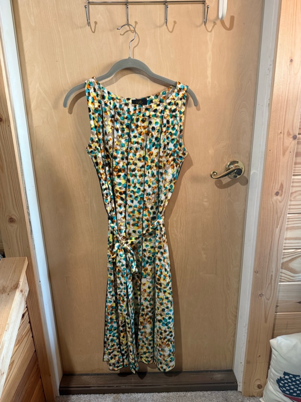 Sleeveless Floral Tie-Waist Midi Dress in Teal, Mustard & Black